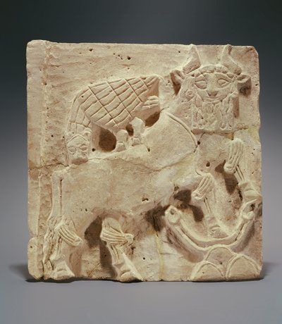 Plaque depicting a lion attacking a bull, from Iraq, c.2000 BC by Sumerian